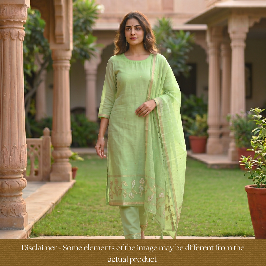 Eyana Mint Green Zari Detailing Tussar Cotton Chanderi Set