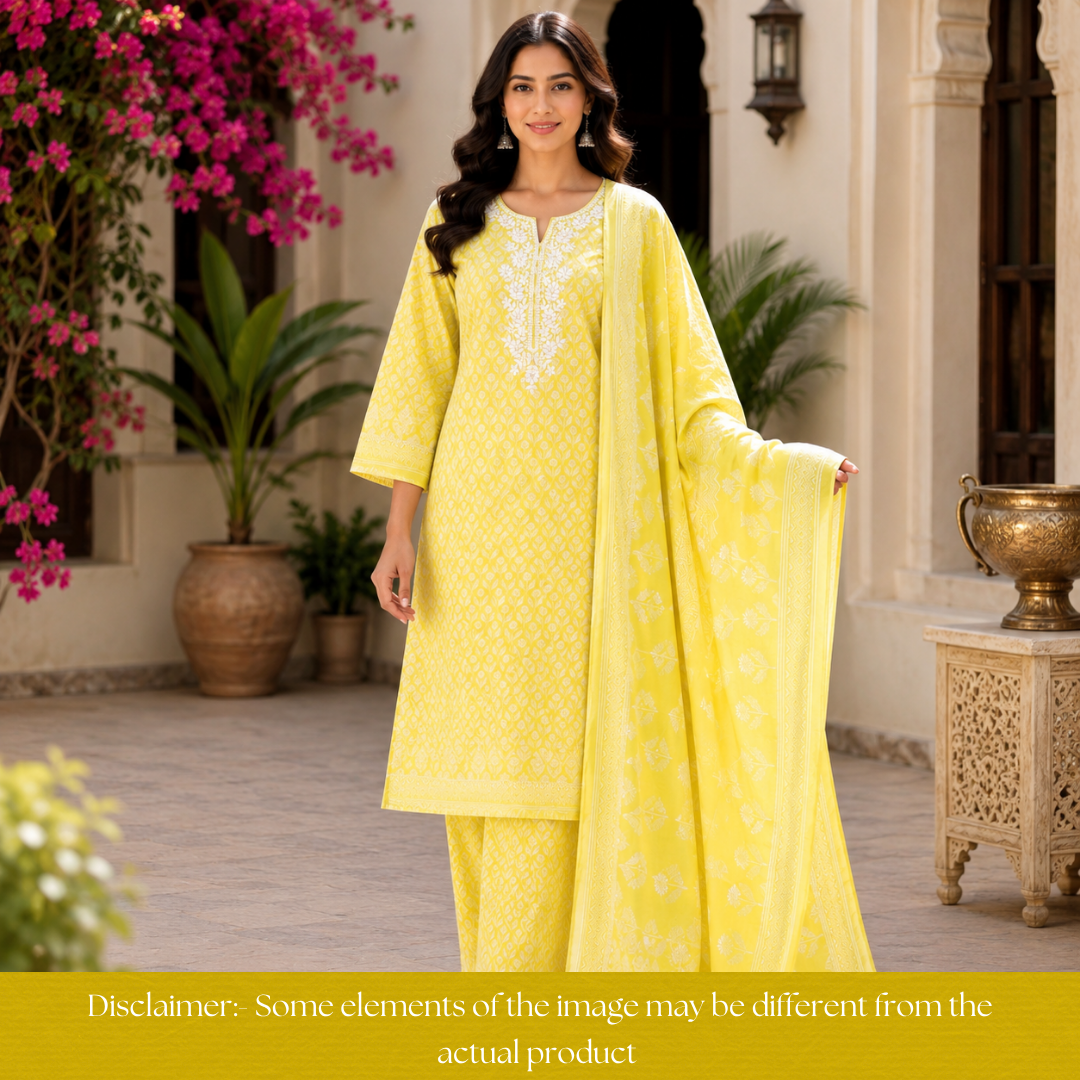 Aaruhi Corn Yellow Chikankari Inspired Neck Printed Cotton Set
