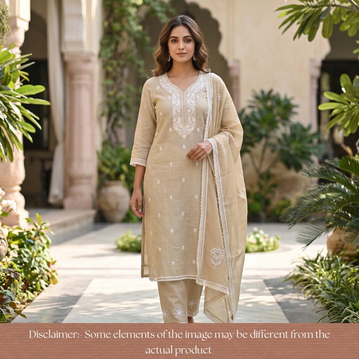 Vamika Sbad Beige Embroidered Neck Chanderi Set