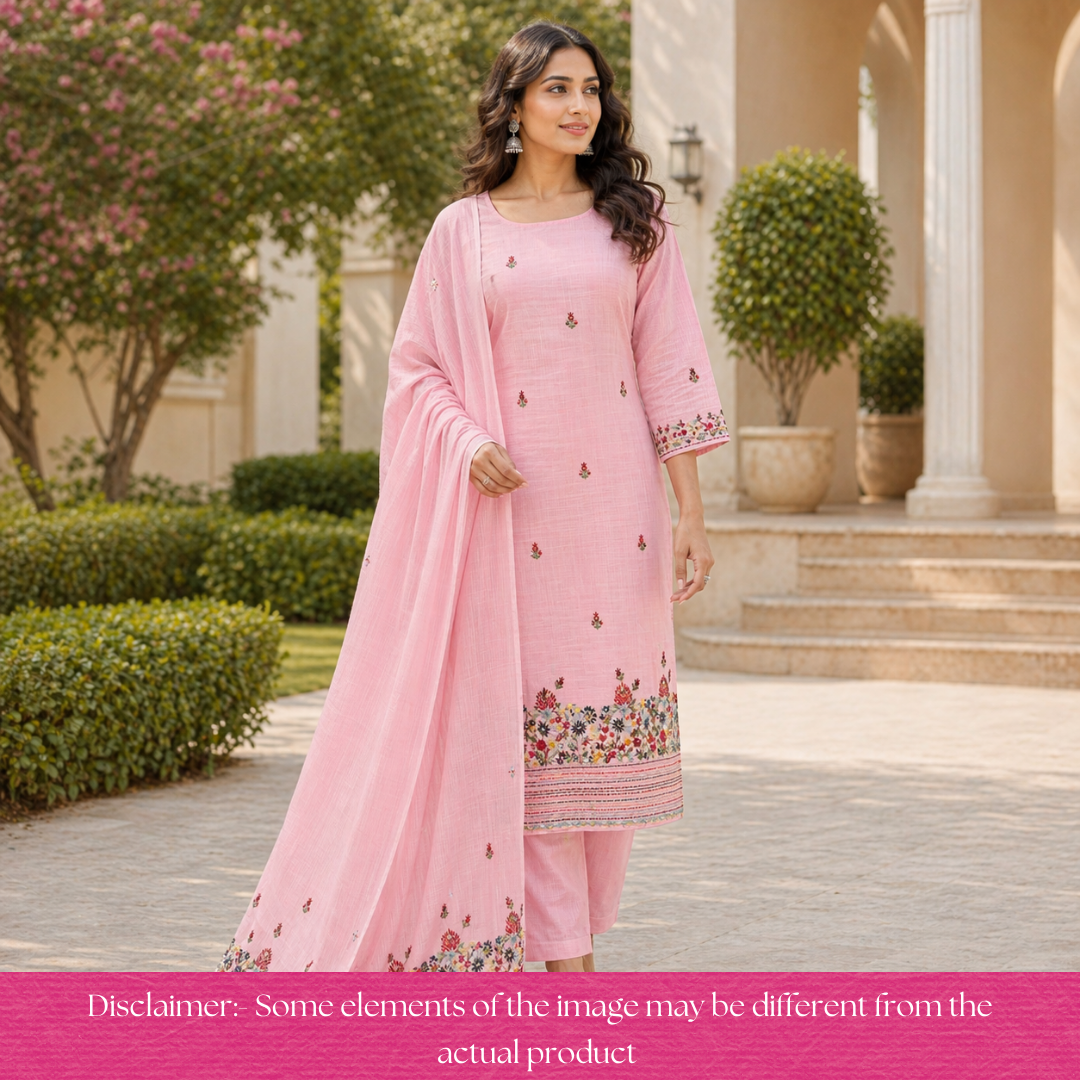 Gulbahar Petal Pink Thread Embroidered Hem Work Kota Doriya Set
