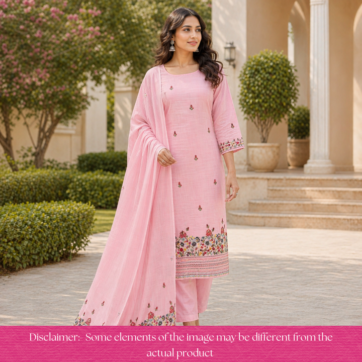 Gulbahar Petal Pink Thread Embroidered Hem Work Kota Doriya Set