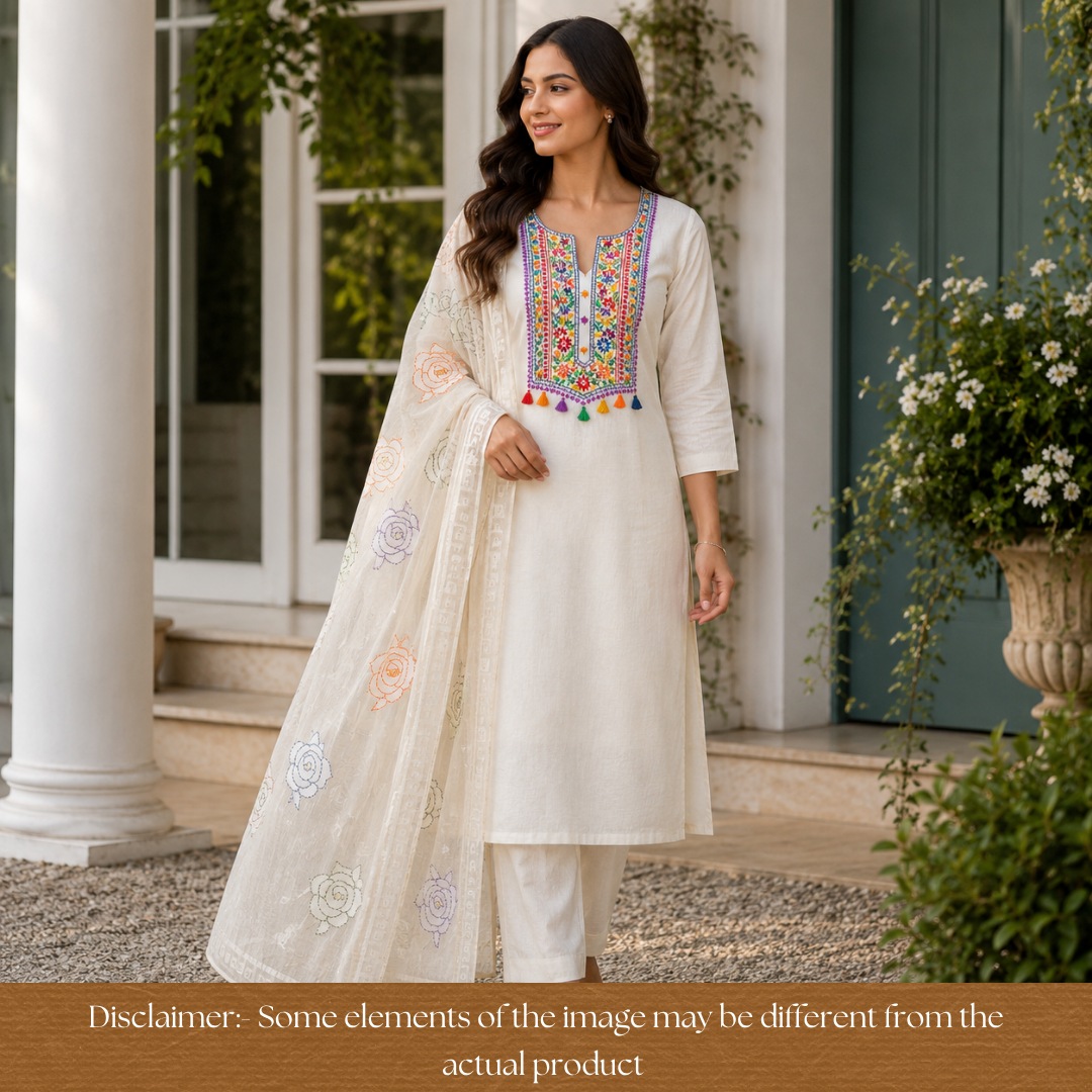 Avika Hazel Beige Kolkata Hand Embroidered Work Chanderi Set D5