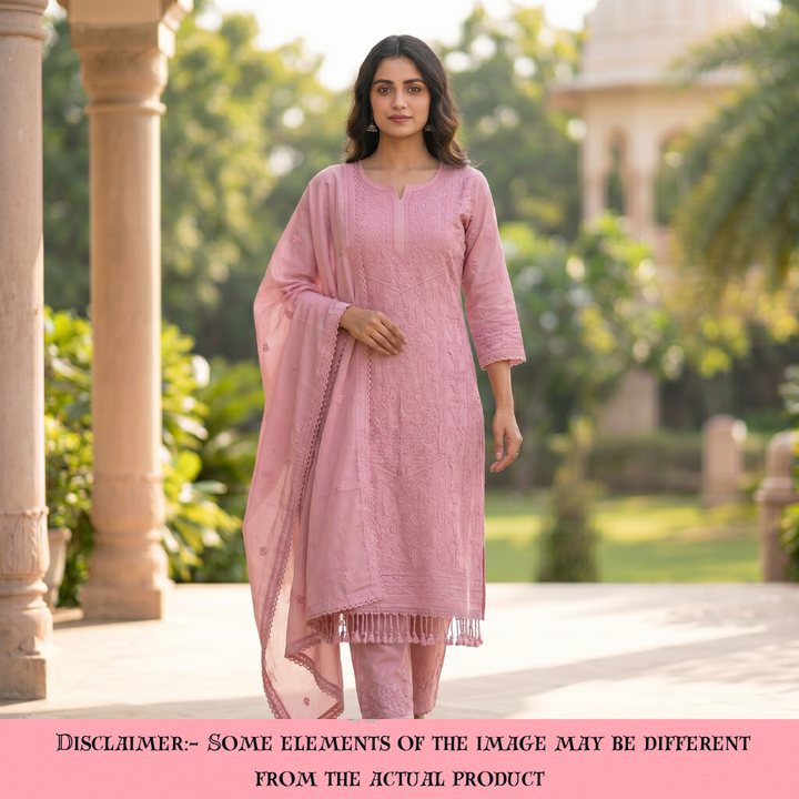 Premika Helip Mauve All Over Hand Embroidered Mul Chanderi Set