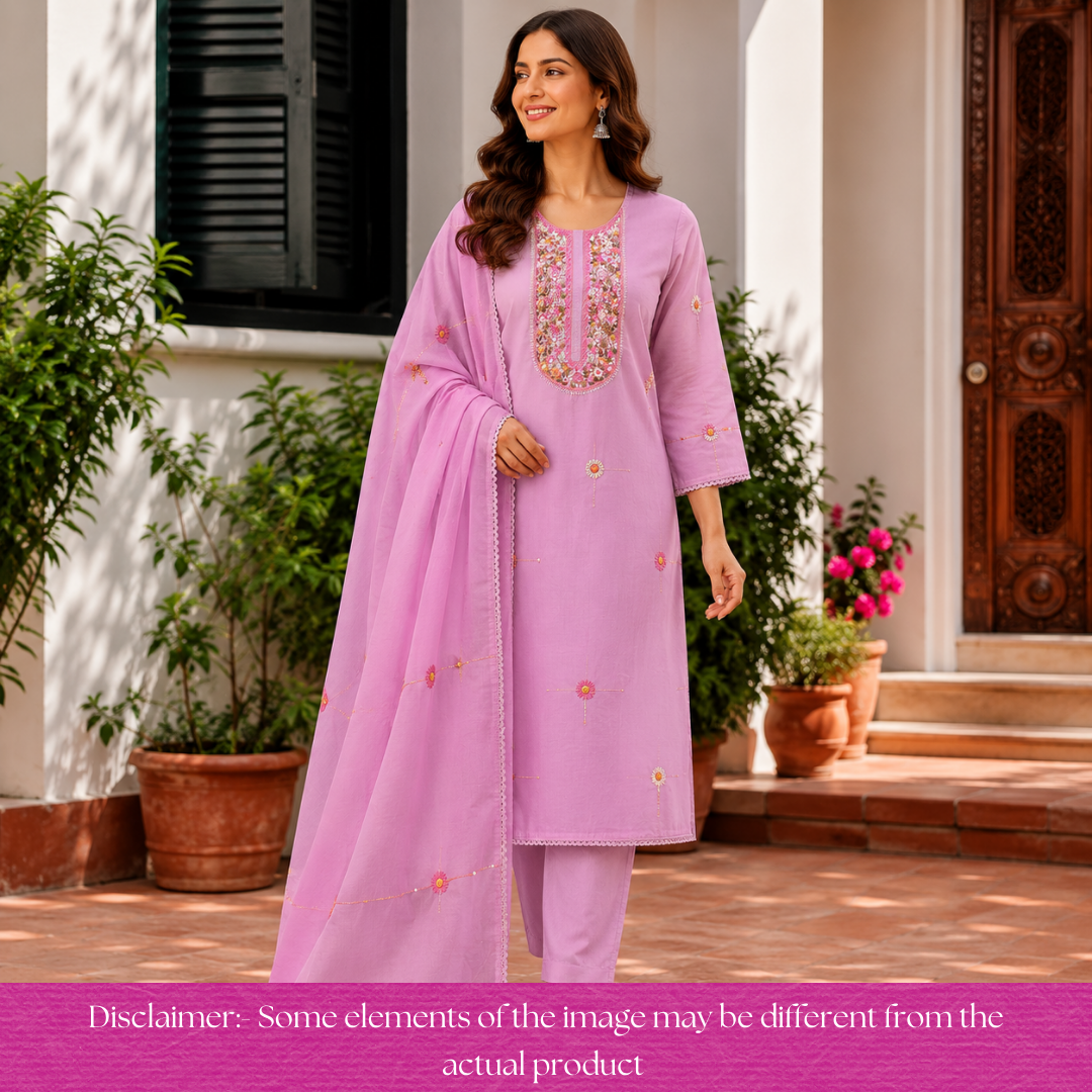 Praushna Orchid Lilac Kolkata Hand Embroidered Mul Cotton Set