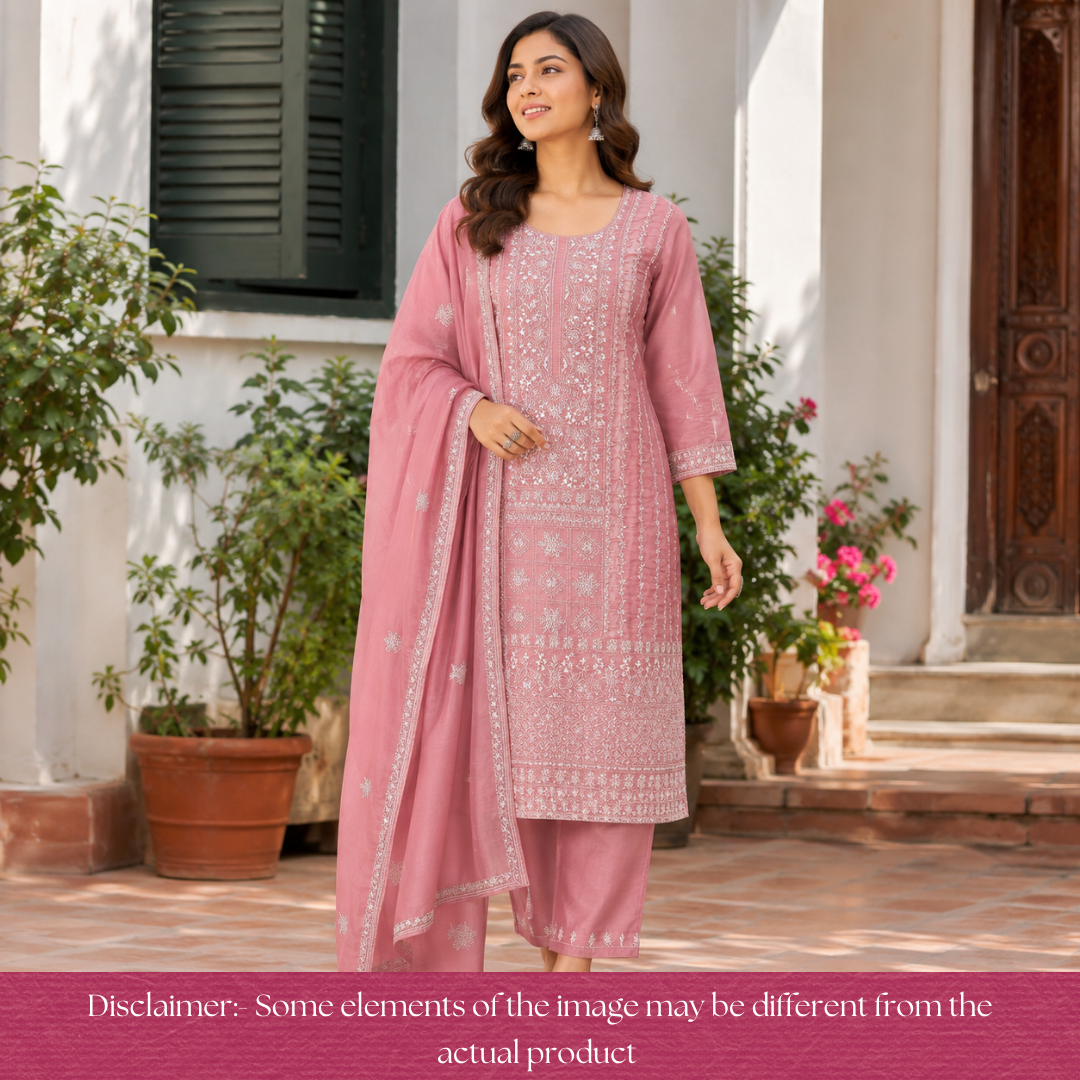 Avinya Tan Mauve Hand Embroidered Glass Crinkle Organza Set