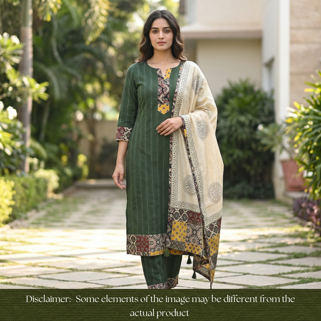Jiya Forest Green Running Stitch Work with Patch Cotton Set