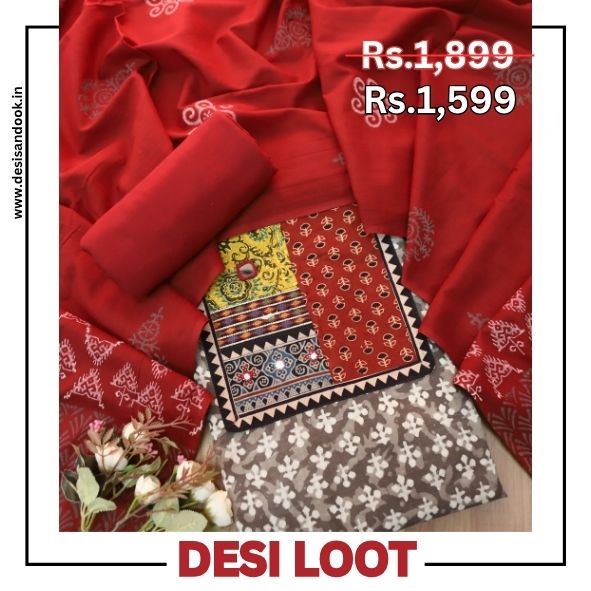 Rooprani Hazelnut Tan Beige Ajrak Patches with Mirror Work Printed Cotton Suit Set D2
