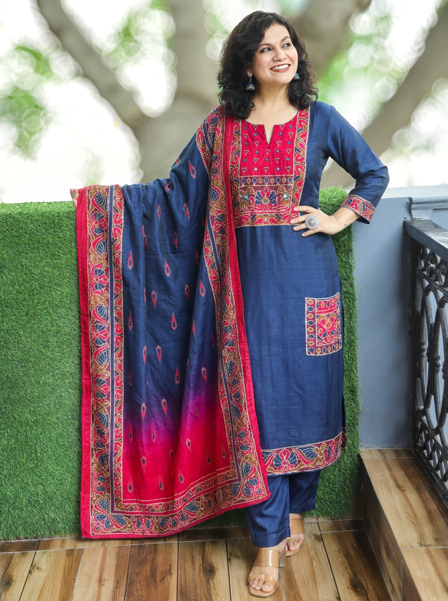 Laakshi Deep Blue Mirror Work Russian Silk 3 Piece Set