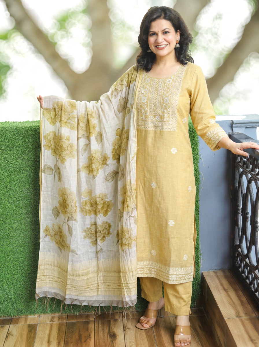 Sawbitri Butter Yellow Jamdani Weaved 3 Piece Set