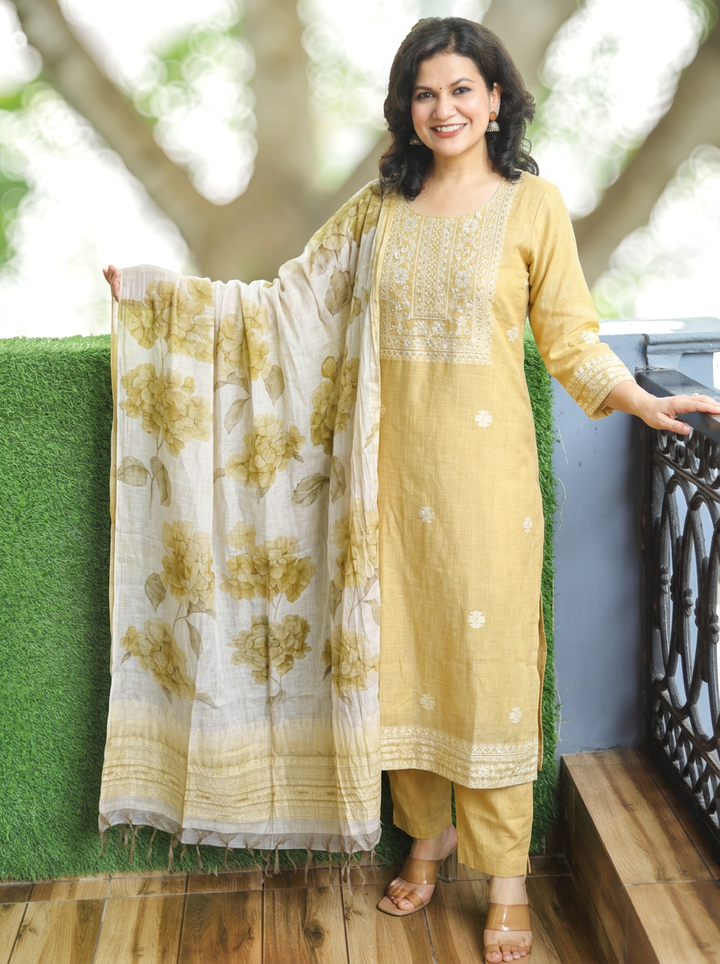 Sawbitri Butter Yellow Jamdani Weaved 3 Piece Set