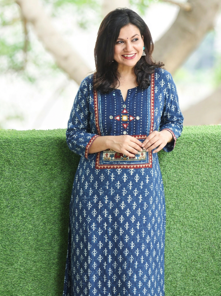 Shardha Prussian Blue Kutch Mirror Dabu Cotton Kurti