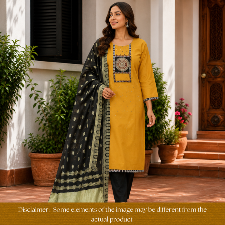 Kakaswi Beetle Yellow Ajrakh Patch with Patra Work Cotton Set