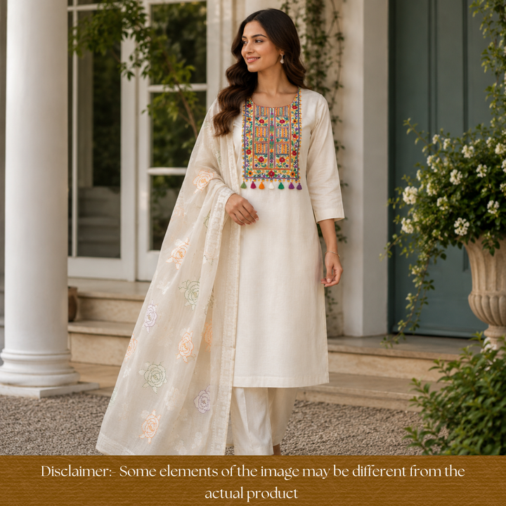 Avika Hazel Beige Kolkata Hand Embroidered Work Chanderi Set D4