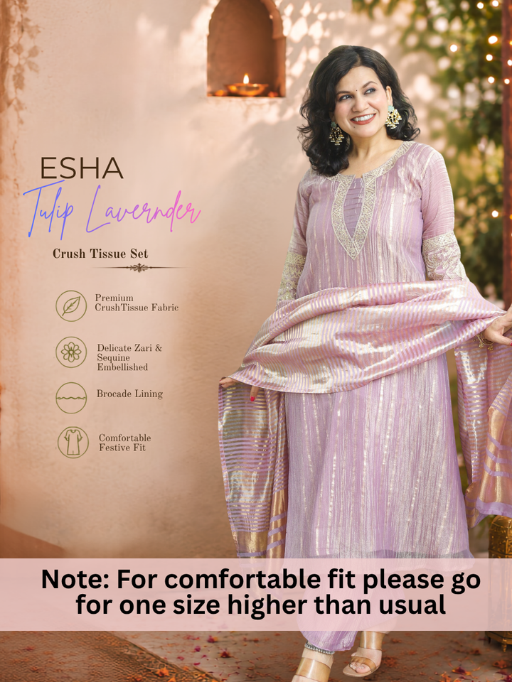 Esha Tulip Lavender Zari work Crush Tissue 3 Piece Set