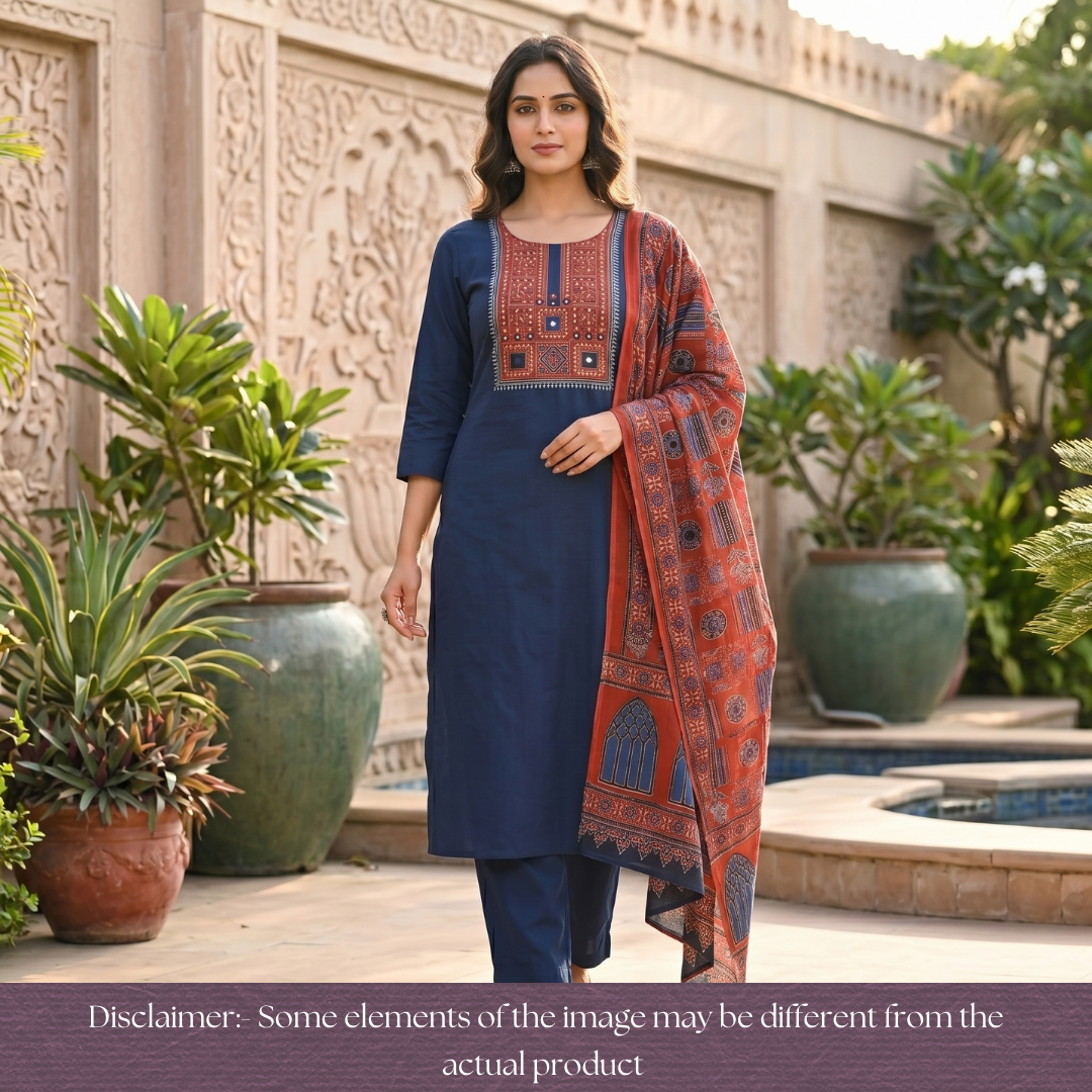 Shaymi Navy Blue Kutch Mirror Neck Work Cotton Set