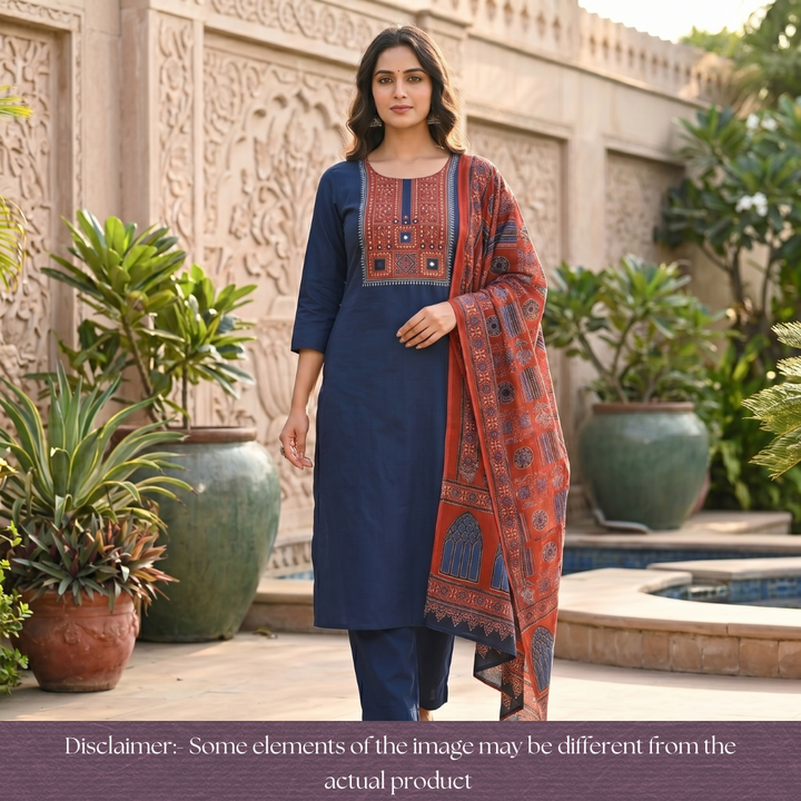 Shaymi Navy Blue Kutch Mirror Neck Work Cotton Set