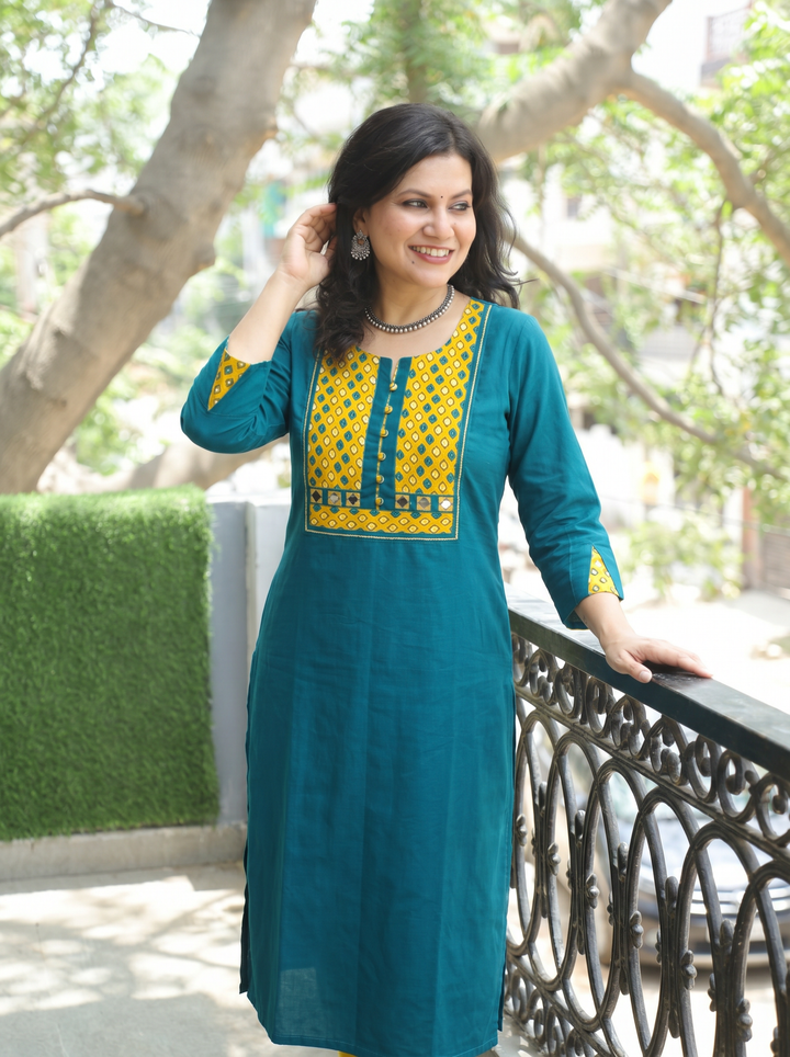 Sridevi Teal Potli with Mirror Ajrak Yoke Cotton Kurti