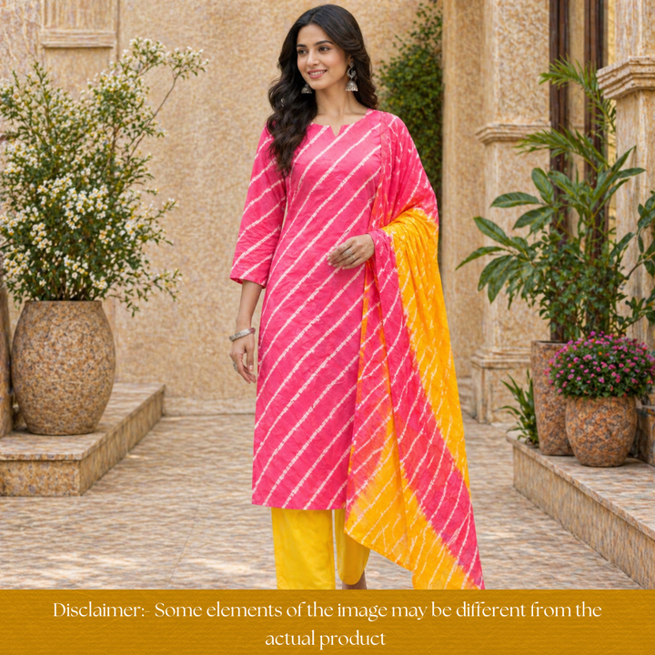 Leher Bubblegum Pink Leheriya Printed Authentic Bandhej Cotton Satin Set