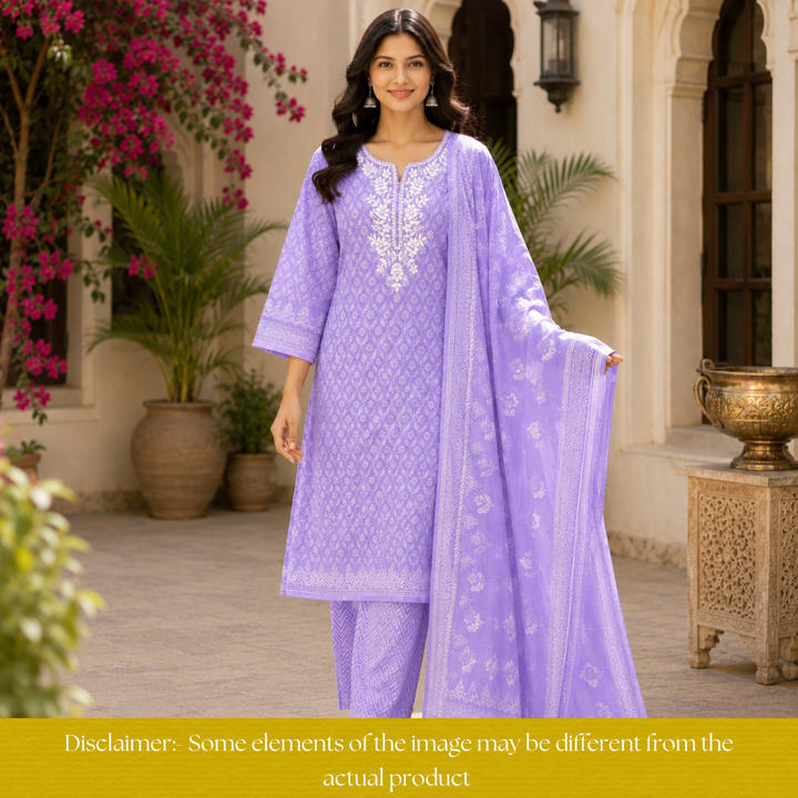 Aaruhi Heliotrope Lilac Chikankari Inspired Neck Printed Cotton Set