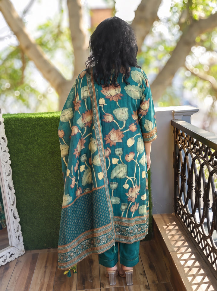 Rushali Teal Spiral Zari Work Printed Muslin 3 Piece Set