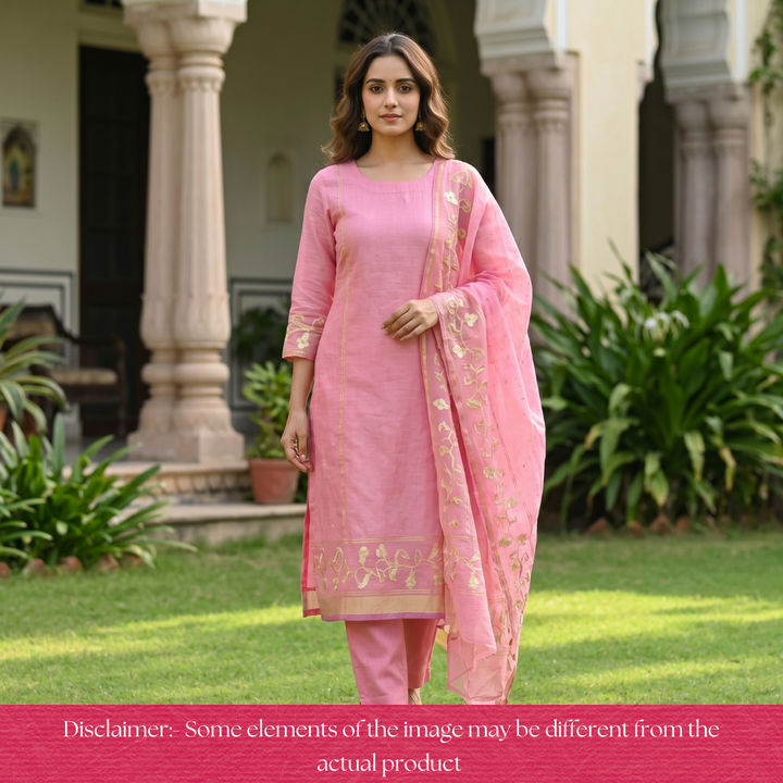 Eyana Candy Pink Zari Detailing Tussar Cotton Chanderi Set