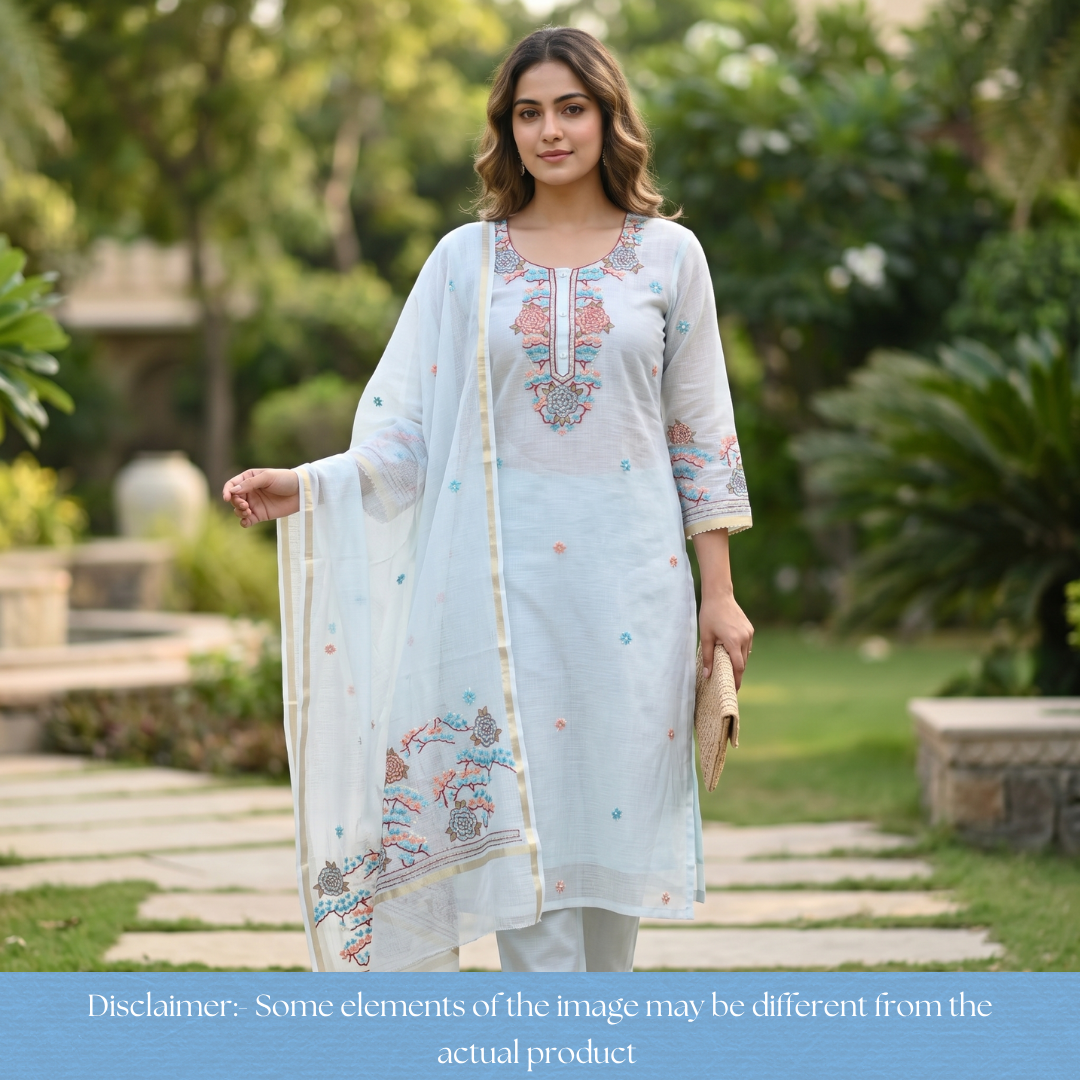 Shivani Ice Blue Kolkata Hand Embriodered Kota Doriya Set