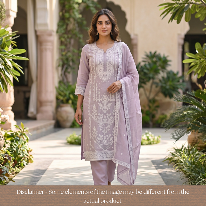 Vamika Fossil Grey Chikankari Embroidered Panel Mul Chanderi Set