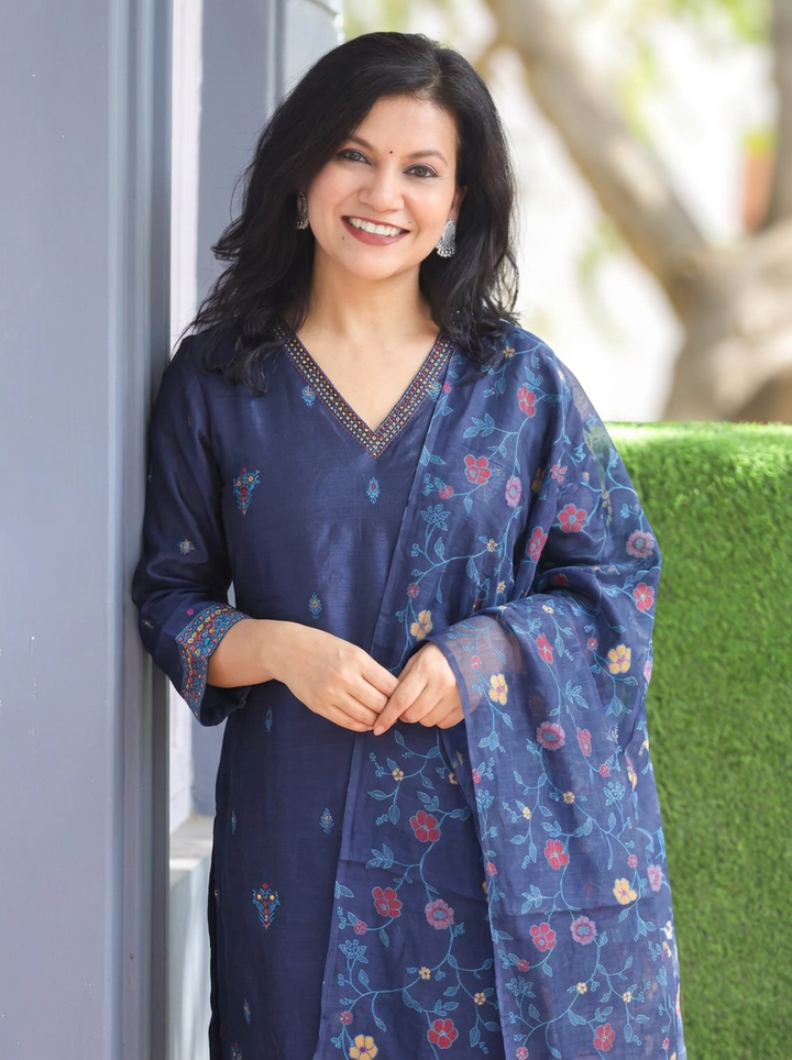 Madhuri Blue Floral Jamdani 3 Piece Set