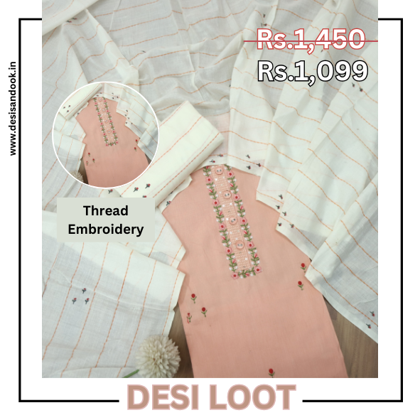 Nazara Soft Peach Thread Embroidery Neck Work with Button Cotton Suit Set