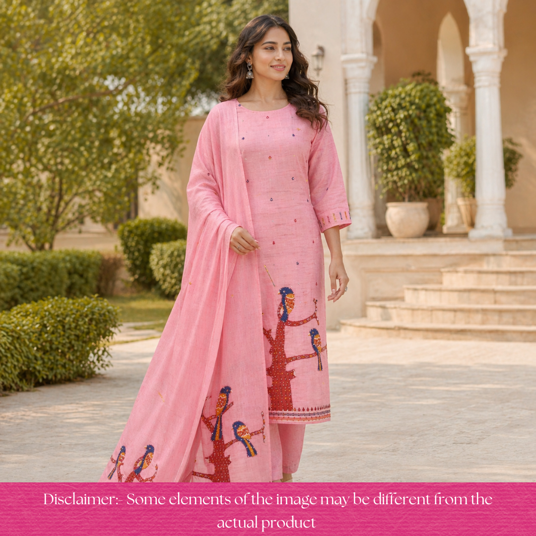 Ambarsari Pink French Knot Bird Embroidered Work Linen Set