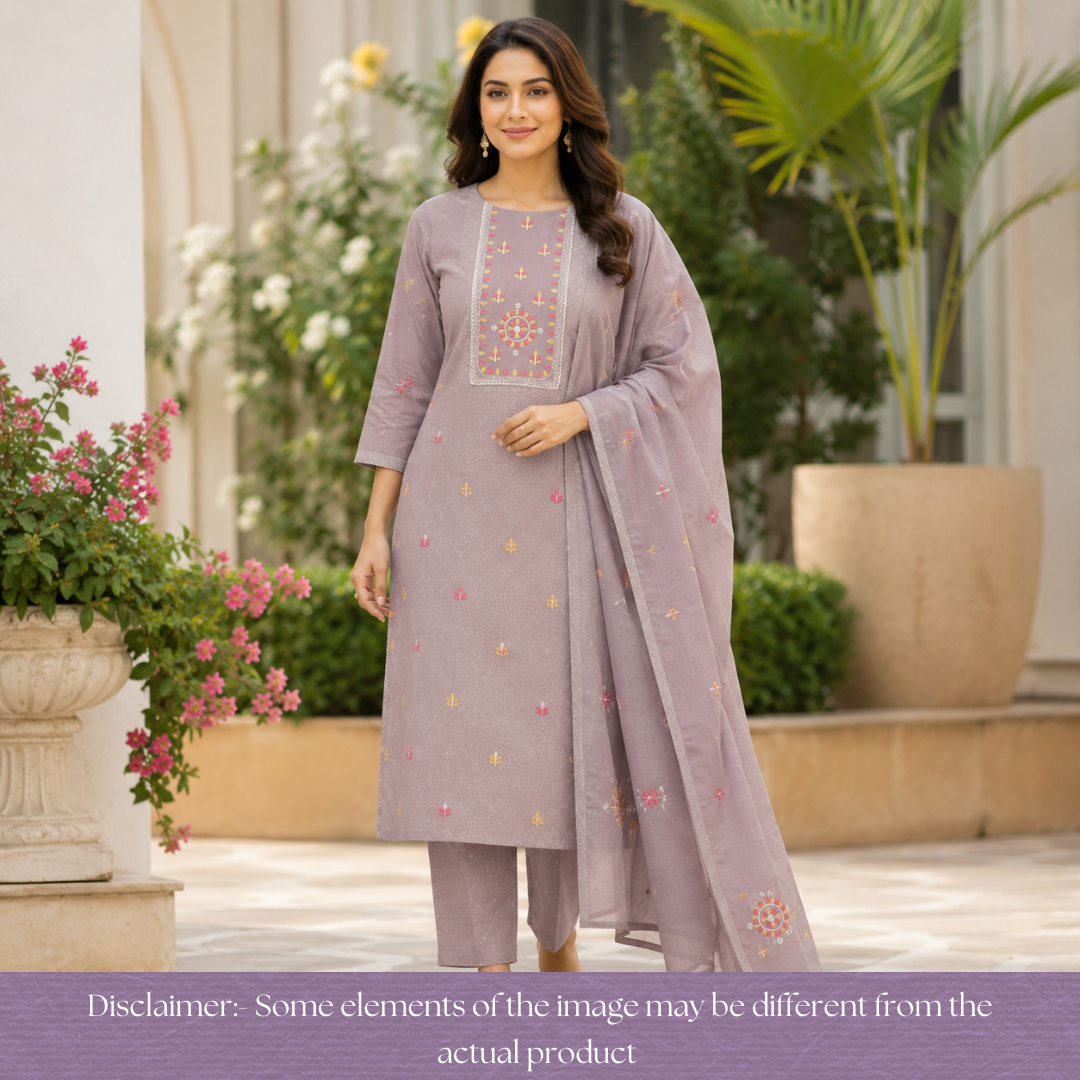 Ruhi Fossil Grey Embroidered Patch Printed Cotton Set