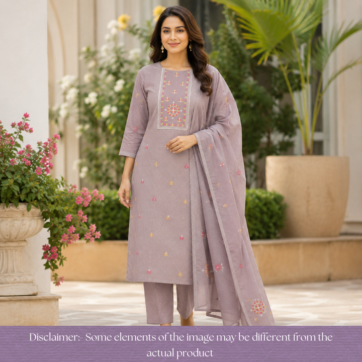 Ruhi Fossil Grey Embroidered Patch Printed Cotton Set