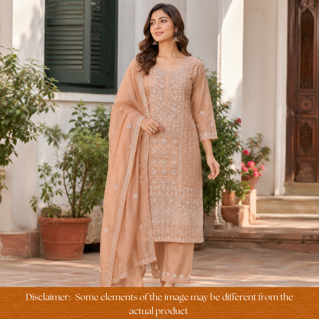 Avinya Peanut Brown Hand Embroidered Glass Crinkle Organza Set