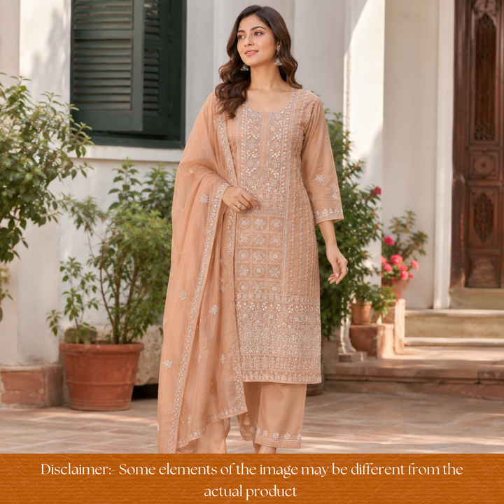 Avinya Peanut Brown Hand Embroidered Glass Crinkle Organza Set