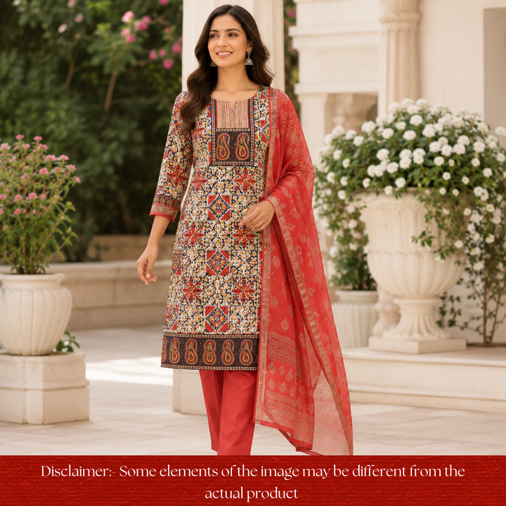 Sufna Coral Orange Paisley Print Yoke Kalamkari Printed Cotton Set