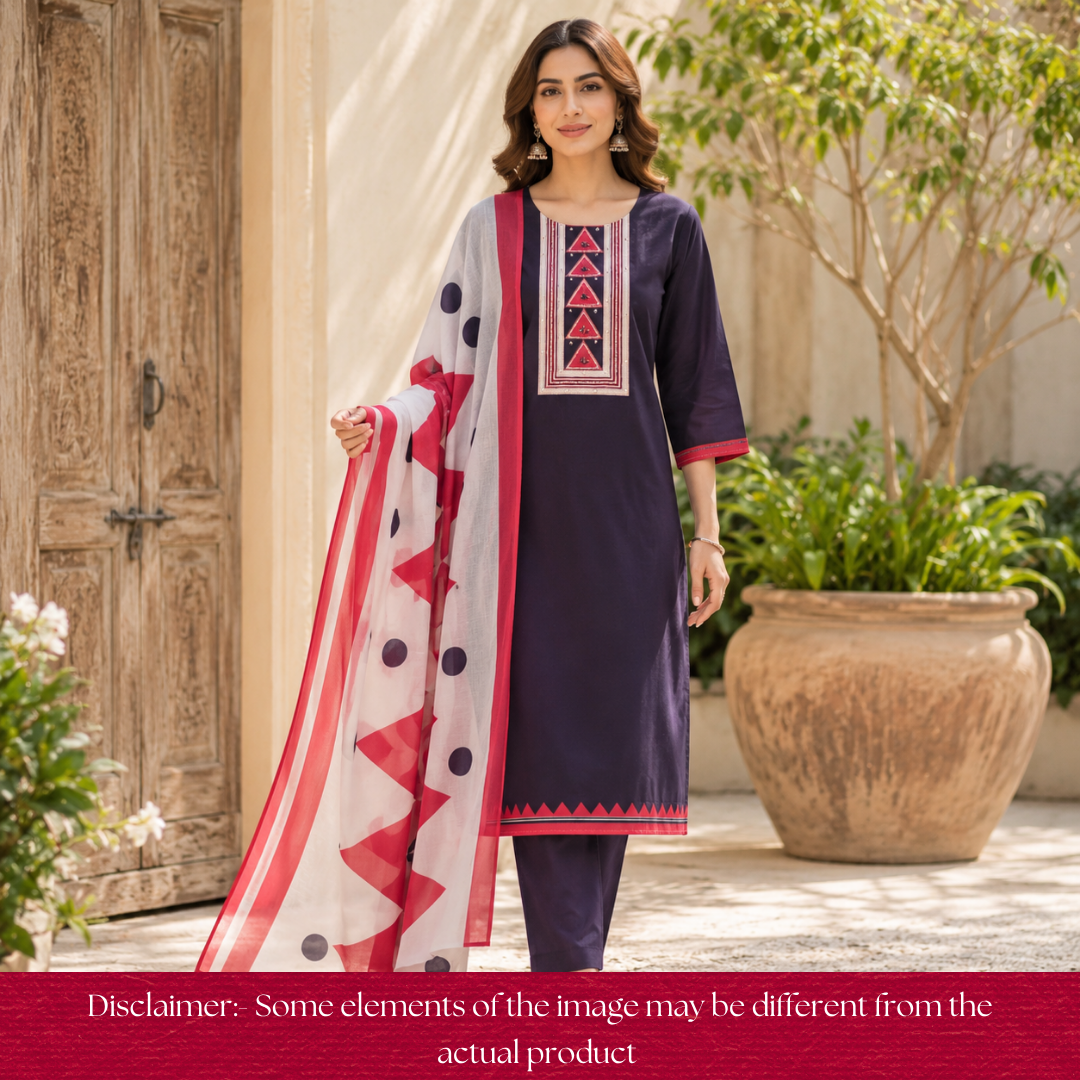 Bansi Kajal Black Kardana with Printed Yoke and Hem Glazed Cotton Set