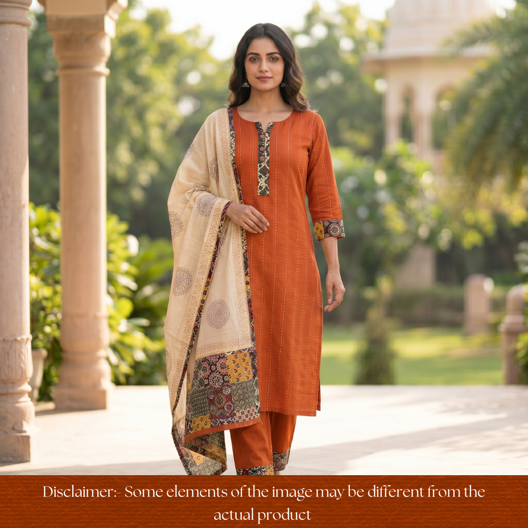Jiya Rust Orange Running Stitch Work with Patch Cotton Set