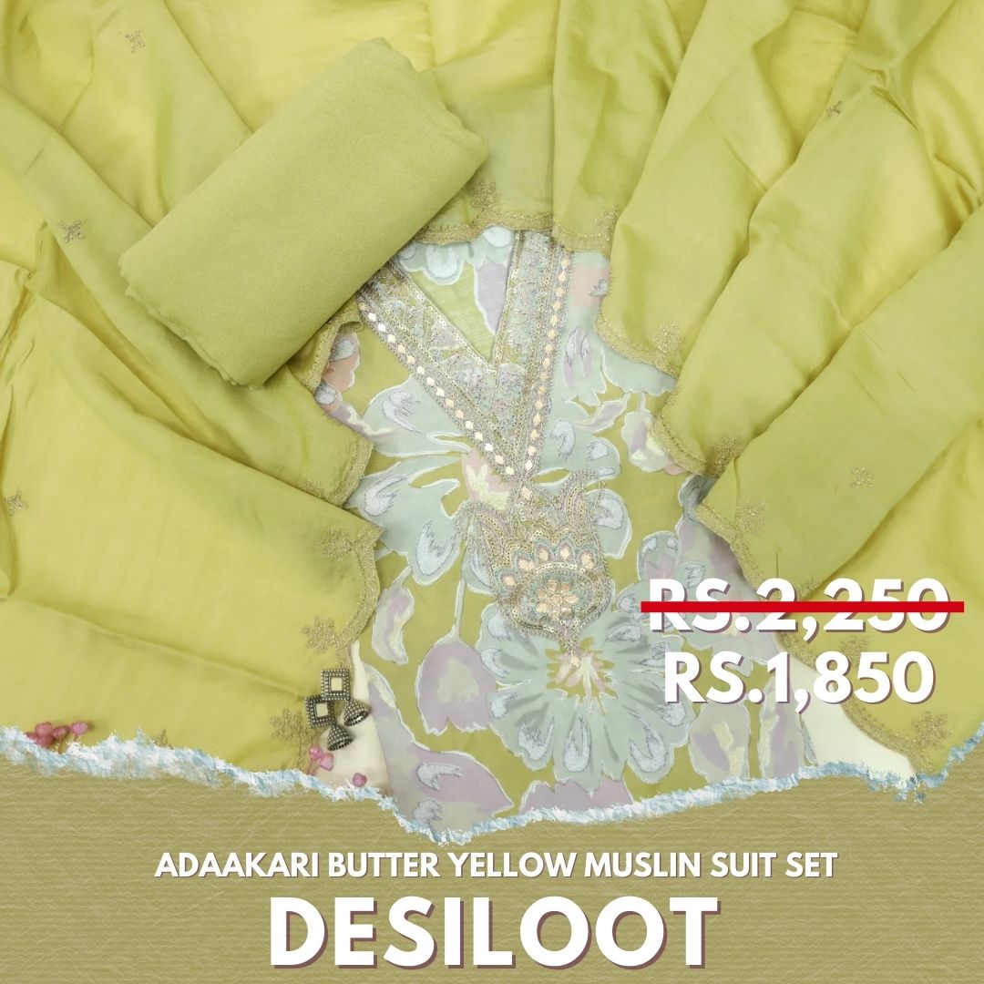 Adaakari Butter Yellow Zari Embellish Neck Work Floral Print Muslin Suit Set