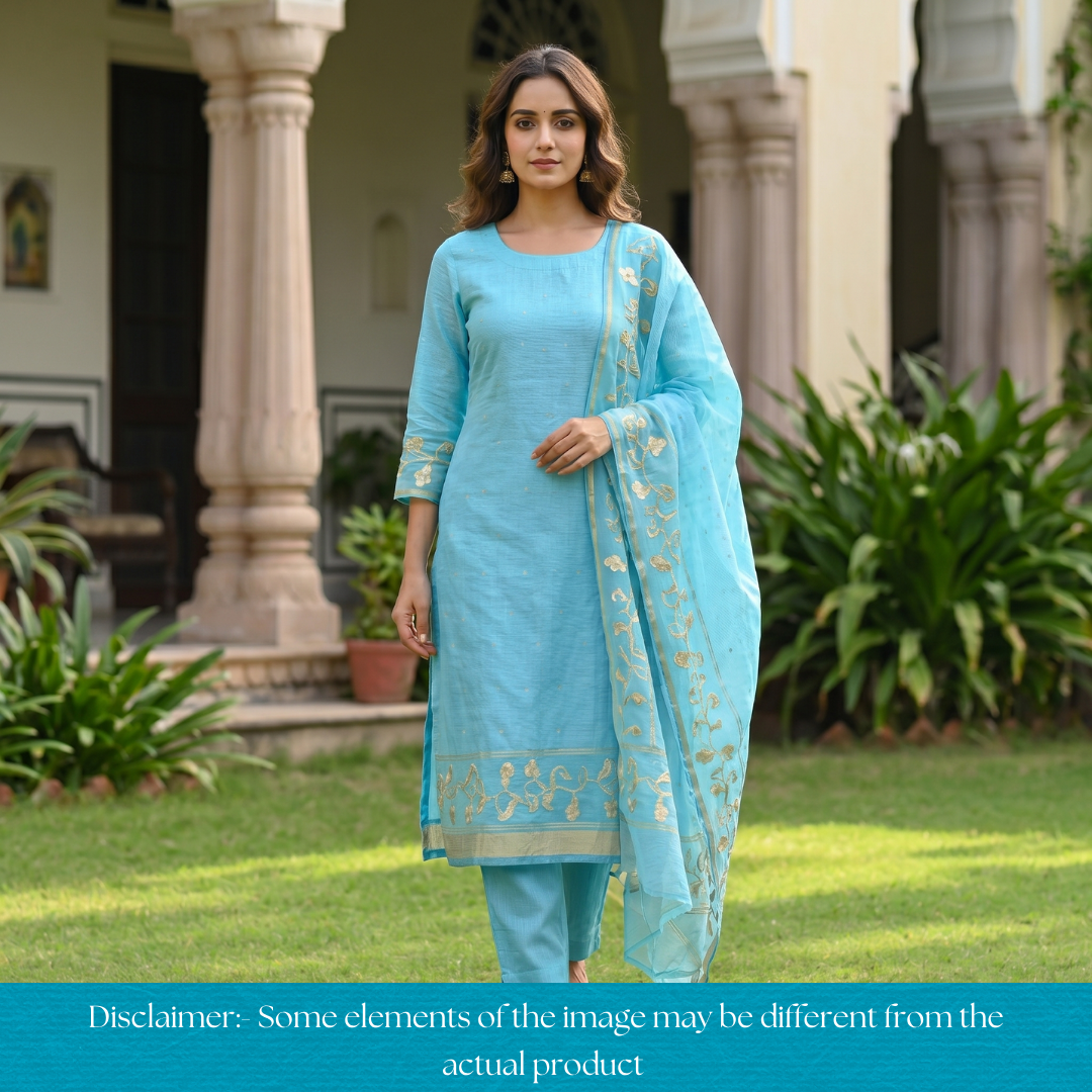 Eyana Ice Blue Zari Detailing Tussar Cotton Chanderi Set