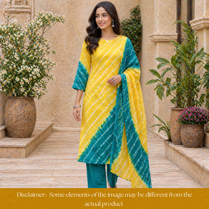 Leher Corn Yellow Leheriya Printed Authentic Bandhej Cotton Satin Set