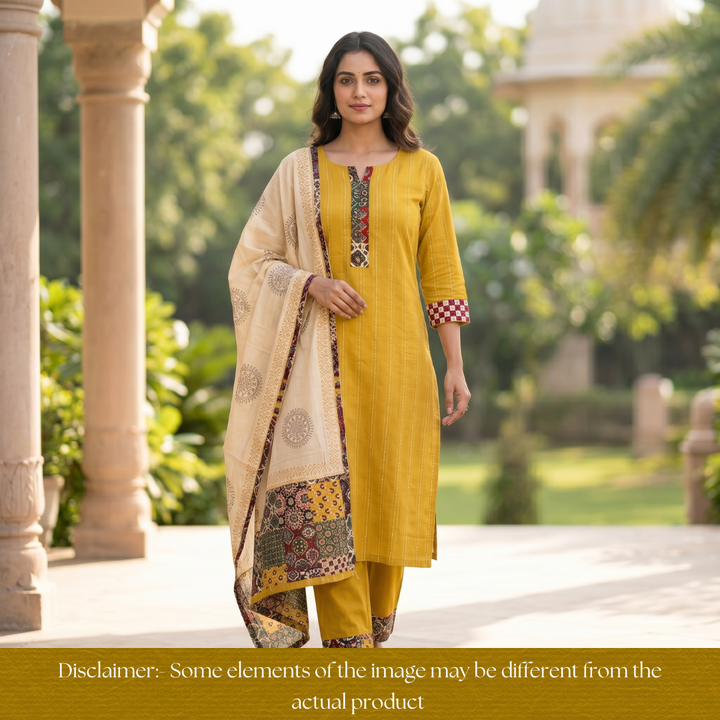 Jiya Beetle Yellow Running Stitch Work with Patch Cotton Set