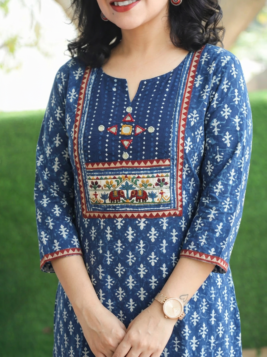 Shardha Prussian Blue Kutch Mirror Dabu Cotton Kurti
