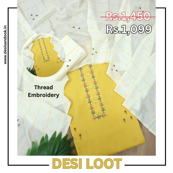 Nazara Corn Yellow Thread Embroidery Neck Work with Button Cotton Suit Set