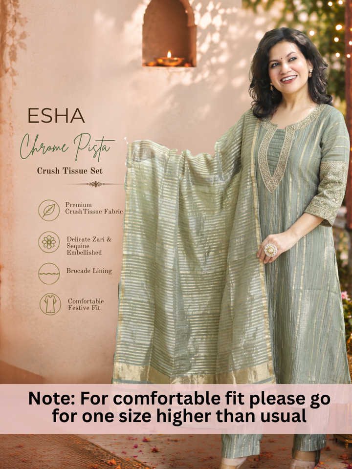 Esha Chrome Pista Zari work Crush Tissue 3 Piece Set