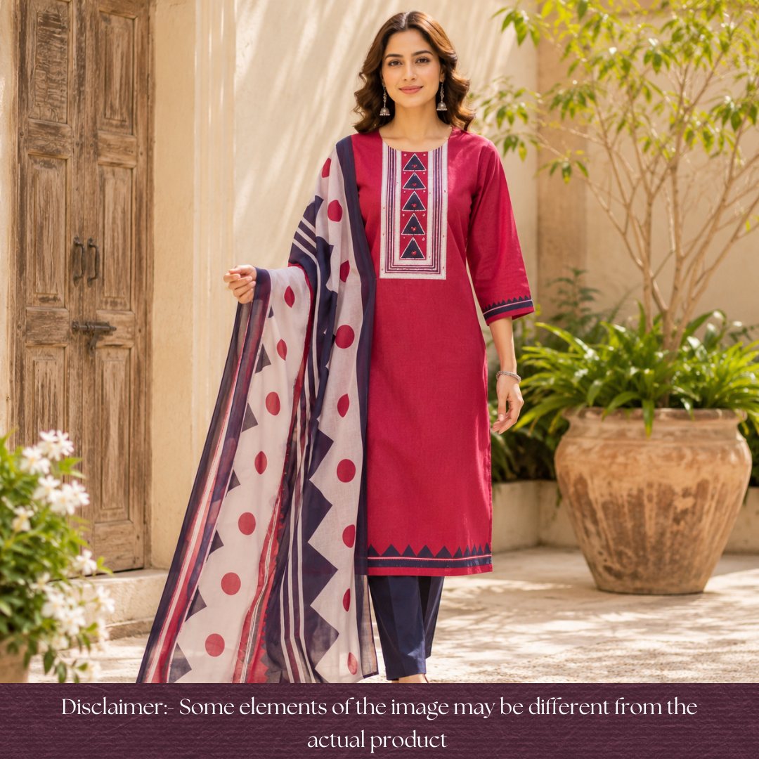 Bansi Cherry Red Kardana with Printed Yoke and Hem Glazed Cotton Set