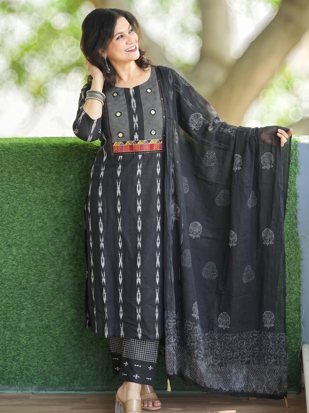 Radhika Black Mirror Embroidered Cotton 3 Piece Set