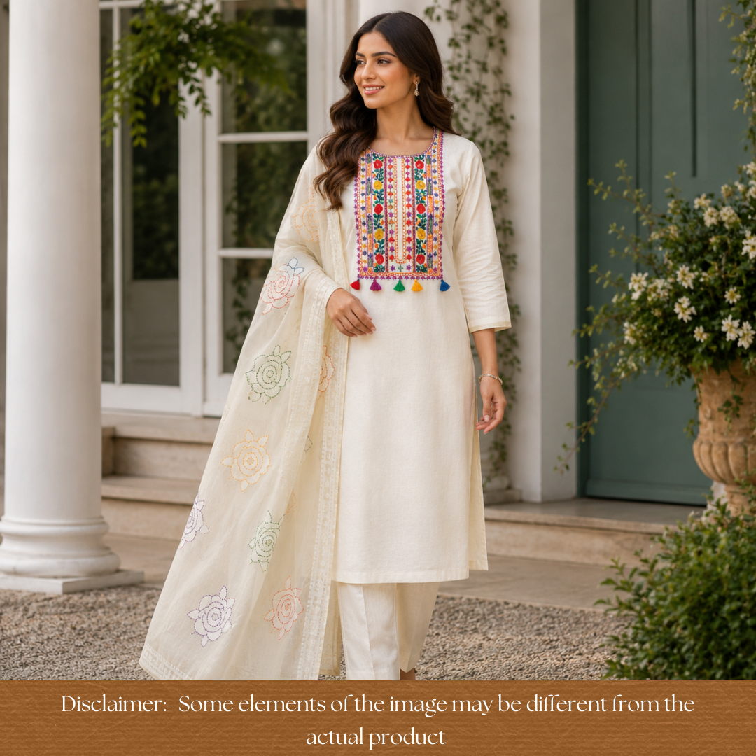 Avika Hazel Beige Kolkata Hand Embroidered Work Chanderi Set D3
