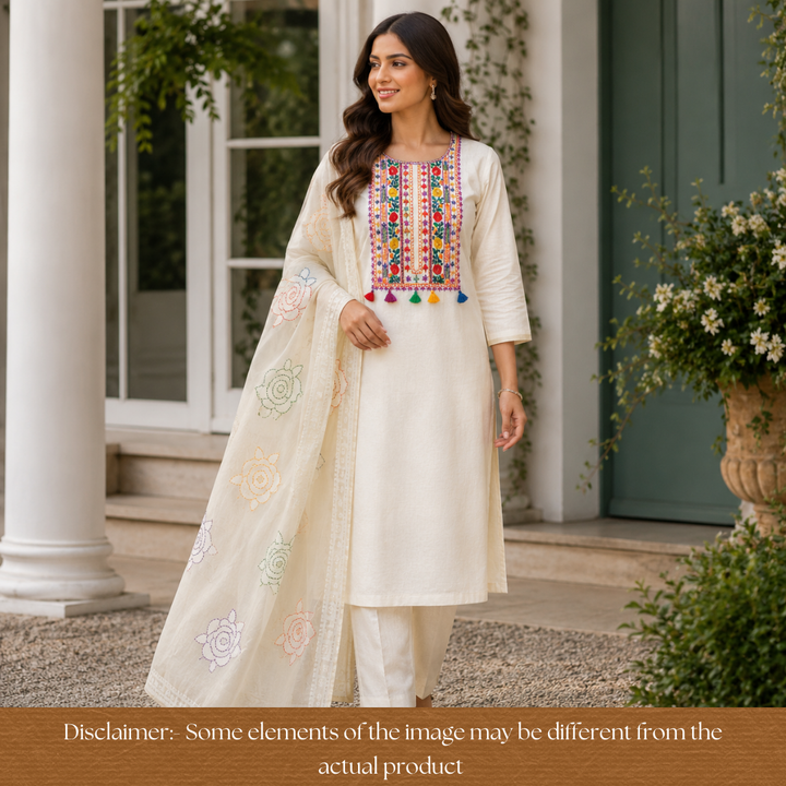 Avika Hazel Beige Kolkata Hand Embroidered Work Chanderi Set D3