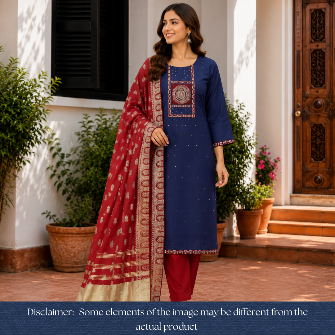 Kakaswi Denim Blue Ajrakh Patch with Patra Work Cotton Set