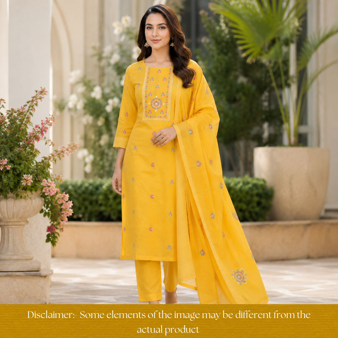 Ruhi Sunflower Yellow Embroidered Patch Printed Cotton Set